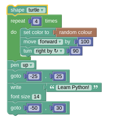 Colorful Python turtle programming blocks